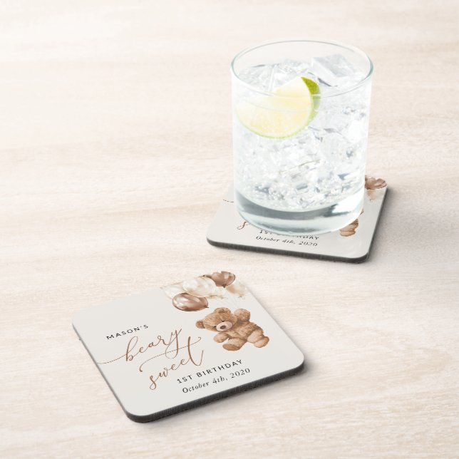 Teddy Bear, Brown Balloons, First Birthday Beverage Coaster (Right Side)
