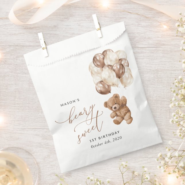 Teddy Bear, Brown Balloons, First Birthday Favor Bag (Clipped)
