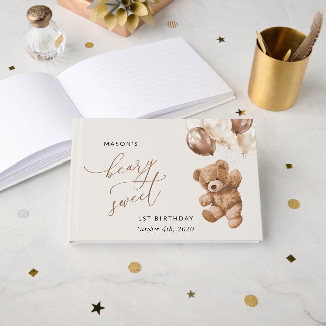 Teddy Bear, Brown Balloons, First Birthday Guest Book (Front Open)