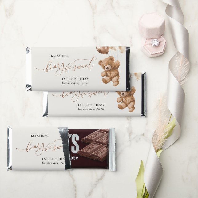 Teddy Bear, Brown Balloons, First Birthday Hershey Bar Favors (Front)