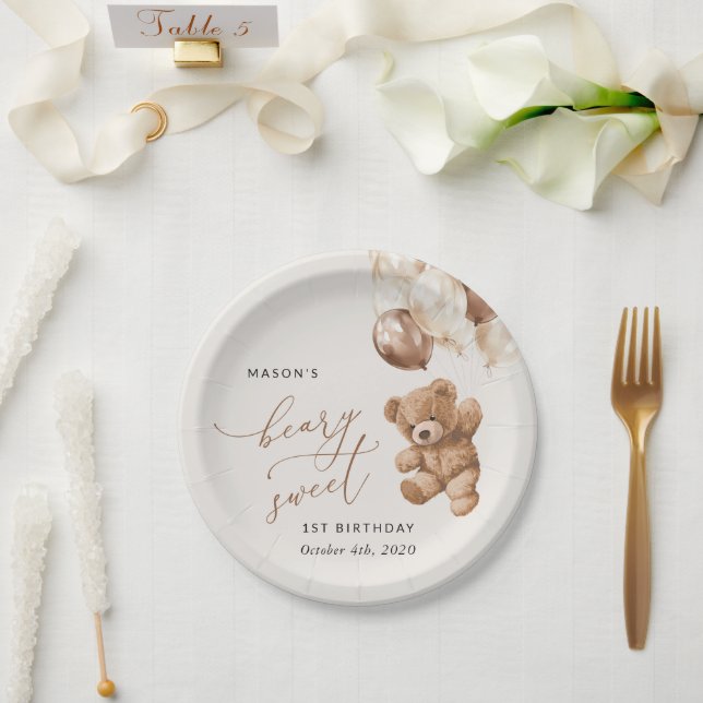 Teddy Bear, Brown Balloons, First Birthday Paper Plates (Wedding)