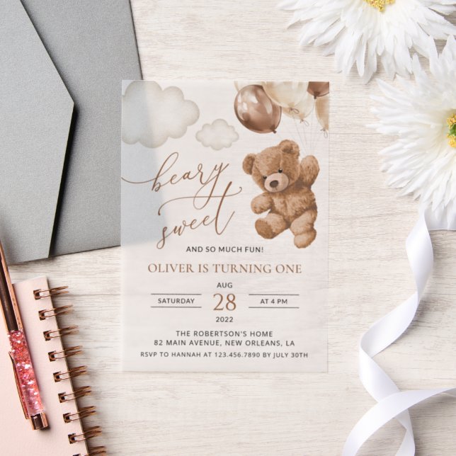 Teddy Bear, Brown Balloons, First Birthday Vellum Invitations (Wedding)