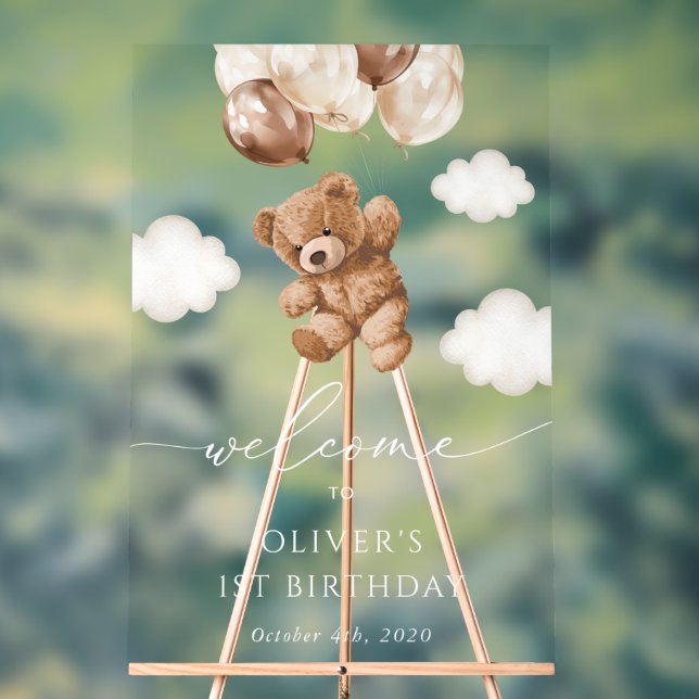 Teddy Bear, Brown Balloons, First Birthday Welcome Acrylic Sign (Neutral)