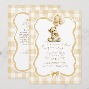 Teddy Bear Brown Gingham All In One Baby Shower Invitation