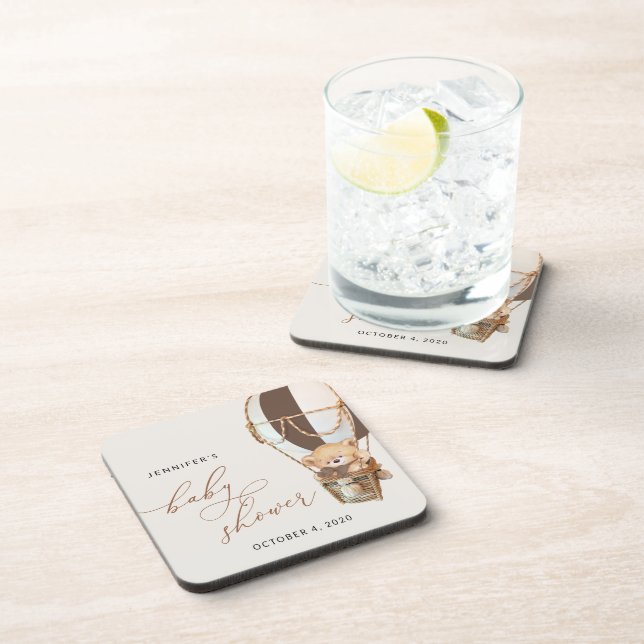 Teddy Bear, Brown Hot Air Balloon, Baby Shower Beverage Coaster (Right Side)