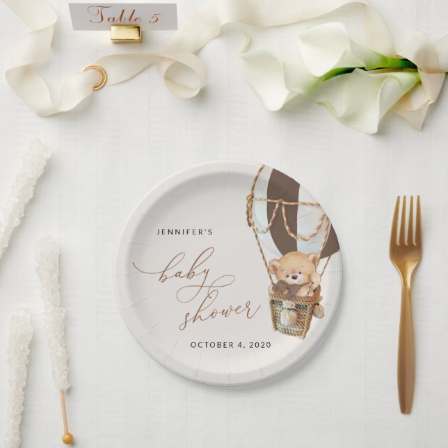 Teddy Bear, Brown Hot Air Balloon, Baby Shower Paper Plates (Wedding)