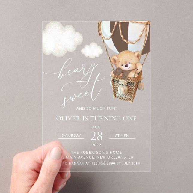 Teddy Bear, Brown Hot Air Balloon, First Birthday Acrylic Invitations (Insitu (Handheld))