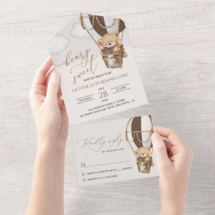 Teddy Bear, Brown Hot Air Balloon, First Birthday All In One Invitation