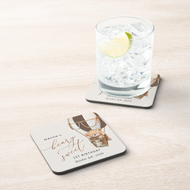 Teddy Bear, Brown Hot Air Balloon, First Birthday Beverage Coaster (Right Side)