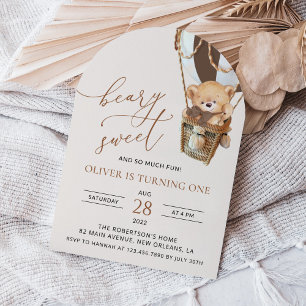 Teddy Bear, Brown Hot Air Balloon, First Birthday Invitation