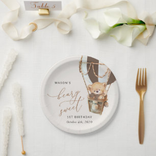 Teddy Bear, Brown Hot Air Balloon, First Birthday Paper Plates