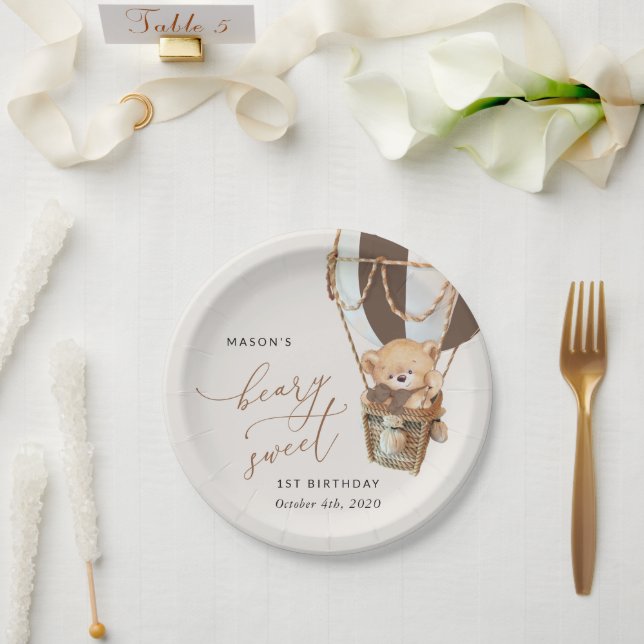 Teddy Bear, Brown Hot Air Balloon, First Birthday Paper Plates (Wedding)