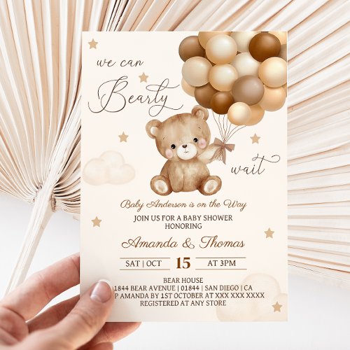 Teddy Bear Brown Neutral Balloons Baby Shower Invitation