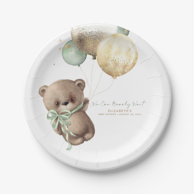 Teddy Bear Brown Sage Gold Boho Baby Shower Paper Plates (Front)