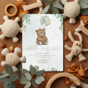 Teddy Bear Brown Sage Green Balloons Baby Invitation