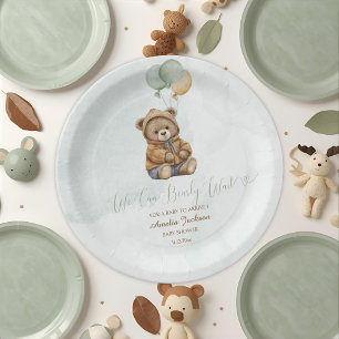 Teddy Bear Brown Sage Green Balloons Baby Paper Plates
