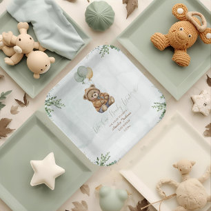 Teddy Bear Brown Sage Green Balloons Baby Paper Plates