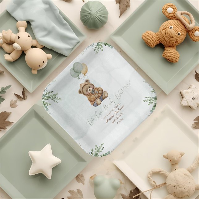 Teddy Bear Brown Sage Green Balloons Baby Paper Plates (Creator Uploaded)