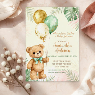 Teddy Bear Brown Sage Green Balloons Baby Shower Foil Invitation