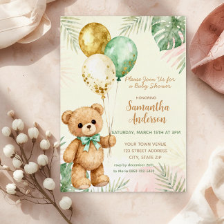 Teddy Bear Brown Sage Green Balloons Baby Shower Foil Invitation