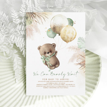 Teddy Bear Brown Sage Green Balloons Baby Shower Invitation by lovelywow at Zazzle