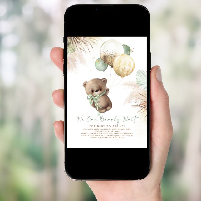 Teddy Bear Brown Sage Green Balloons Baby Shower Invitation (Front Digital)