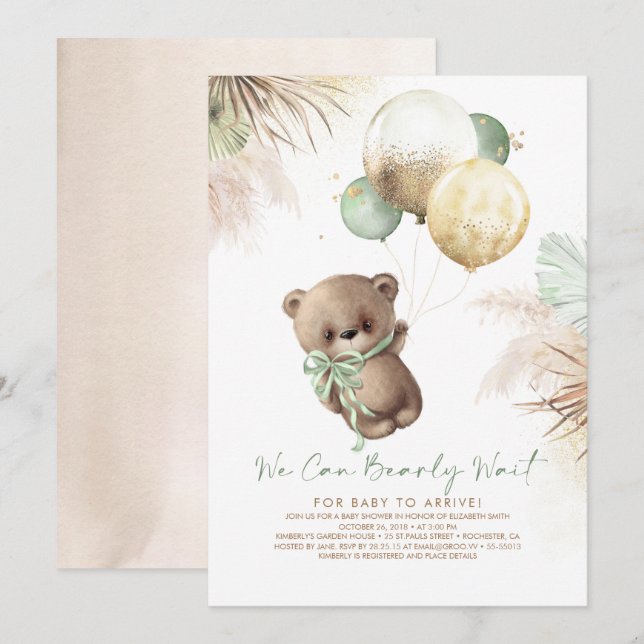 Teddy Bear Brown Sage Green Balloons Baby Shower Invitation