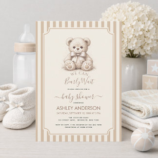 Teddy Bear & Brown Stripes Baby Shower Bearly Wait Invitation