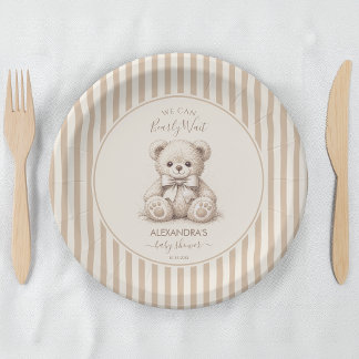 Teddy Bear & Brown Stripes Bearly Wait Baby Shower Paper Plates
