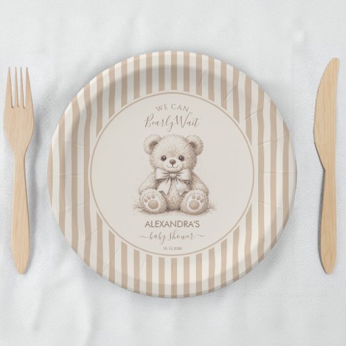 Teddy Bear &amp; Brown Stripes Bearly Wait Baby Shower Paper Plates