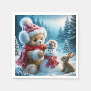Teddy Bear Building a Snowman Napkins