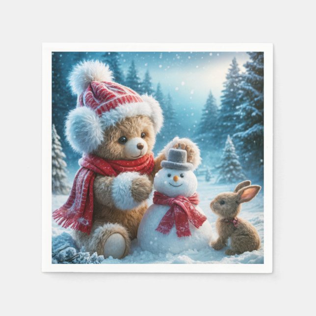 Teddy Bear Building a Snowman Napkins (Front)