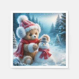 Teddy Bear Building a Snowman Napkins