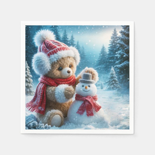 Teddy Bear Building a Snowman Napkins (Front)