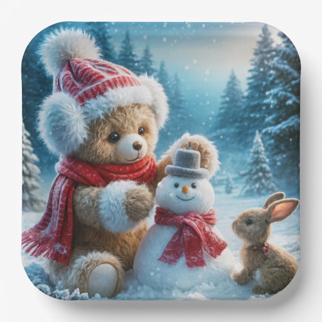 Teddy Bear Building a Snowman Paper Plates (Front)