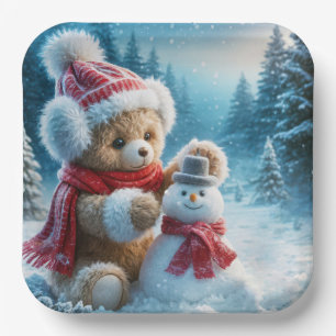 Teddy Bear Building a Snowman Paper Plates