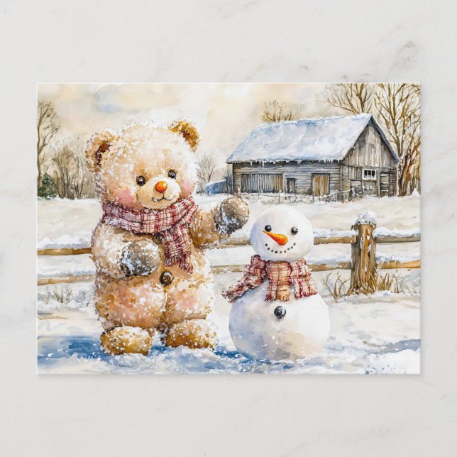 Teddy Bear Building a Snowman Postcard (Front)