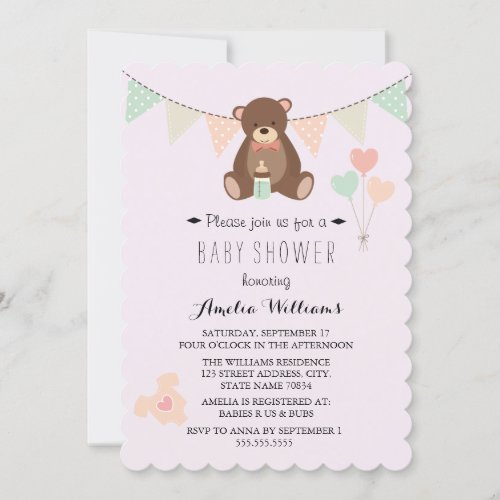 Teddy Bear Bunting Girl Baby Shower Invite