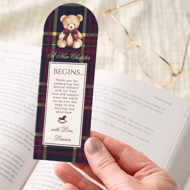 Teddy Bear Burgundy Plaid Baby Shower Bookmarks (Hand)