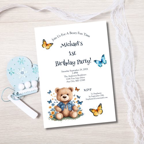 Teddy Bear Butterflies Baby Boy 1st Birthday Party Invitation