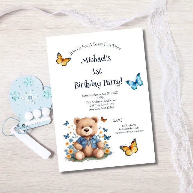 Teddy Bear Butterflies Baby Boy 1st Birthday Party Invitation | Zazzle
