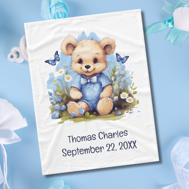 Teddy Bear Butterfly Flowers Baby Shower Baby boy Fleece Blanket (Teddy Bear Baby boy Baby Blanket Personalized Monogram Birth Stats.)
