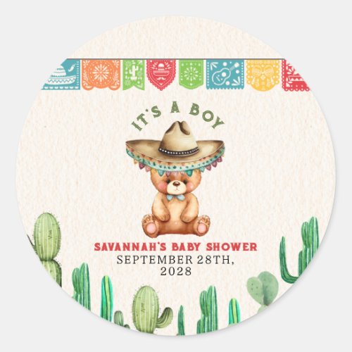 Teddy Bear Cactus Boy Baby Shower Fiesta  Classic Round Sticker
