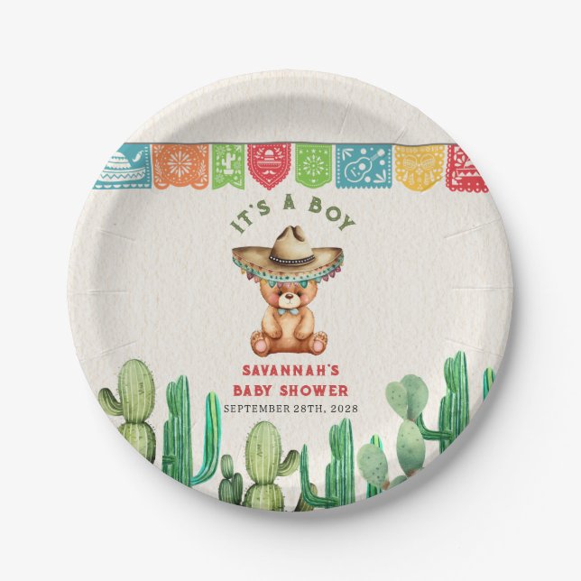 Teddy Bear Cactus Boy Baby Shower Fiesta Paper Plates (Front)