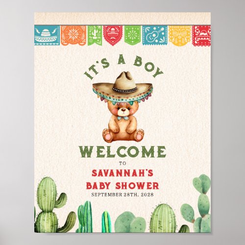 Teddy Bear Cactus Boy Baby Shower Fiesta Poster