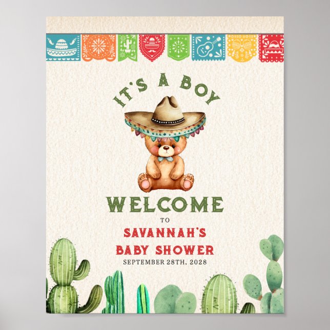 Teddy Bear Cactus Boy Baby Shower Fiesta Poster (Front)