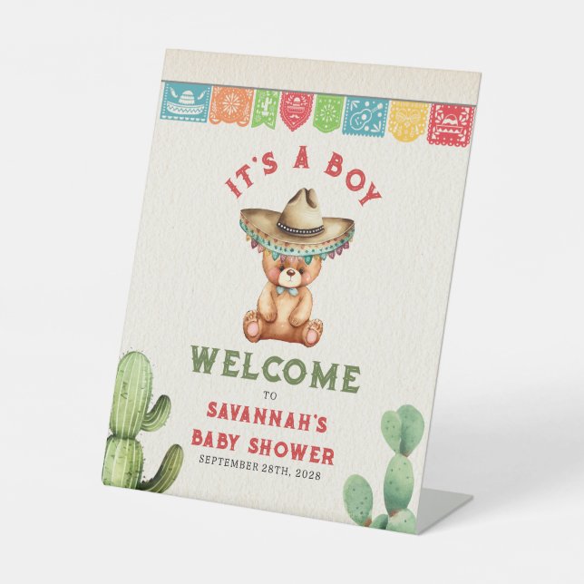 Teddy Bear Cactus Boy Baby Shower Fiesta Welcome   Pedestal Sign (Front)