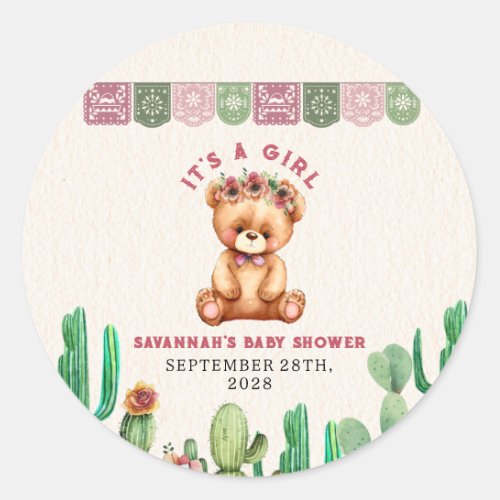 Teddy Bear Cactus Girl Baby Shower Fiesta Classic Round Sticker