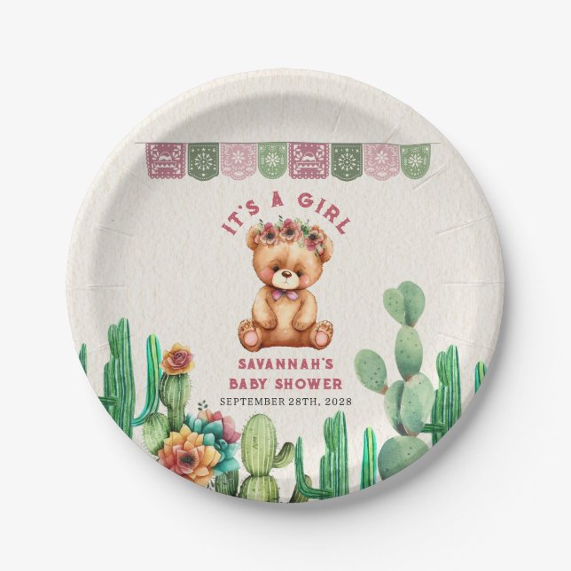 Teddy Bear Cactus Girl Baby Shower Fiesta  Paper Plates (Front)
