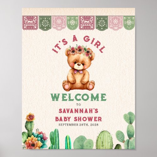 Teddy Bear Cactus Girl Baby Shower Fiesta Poster